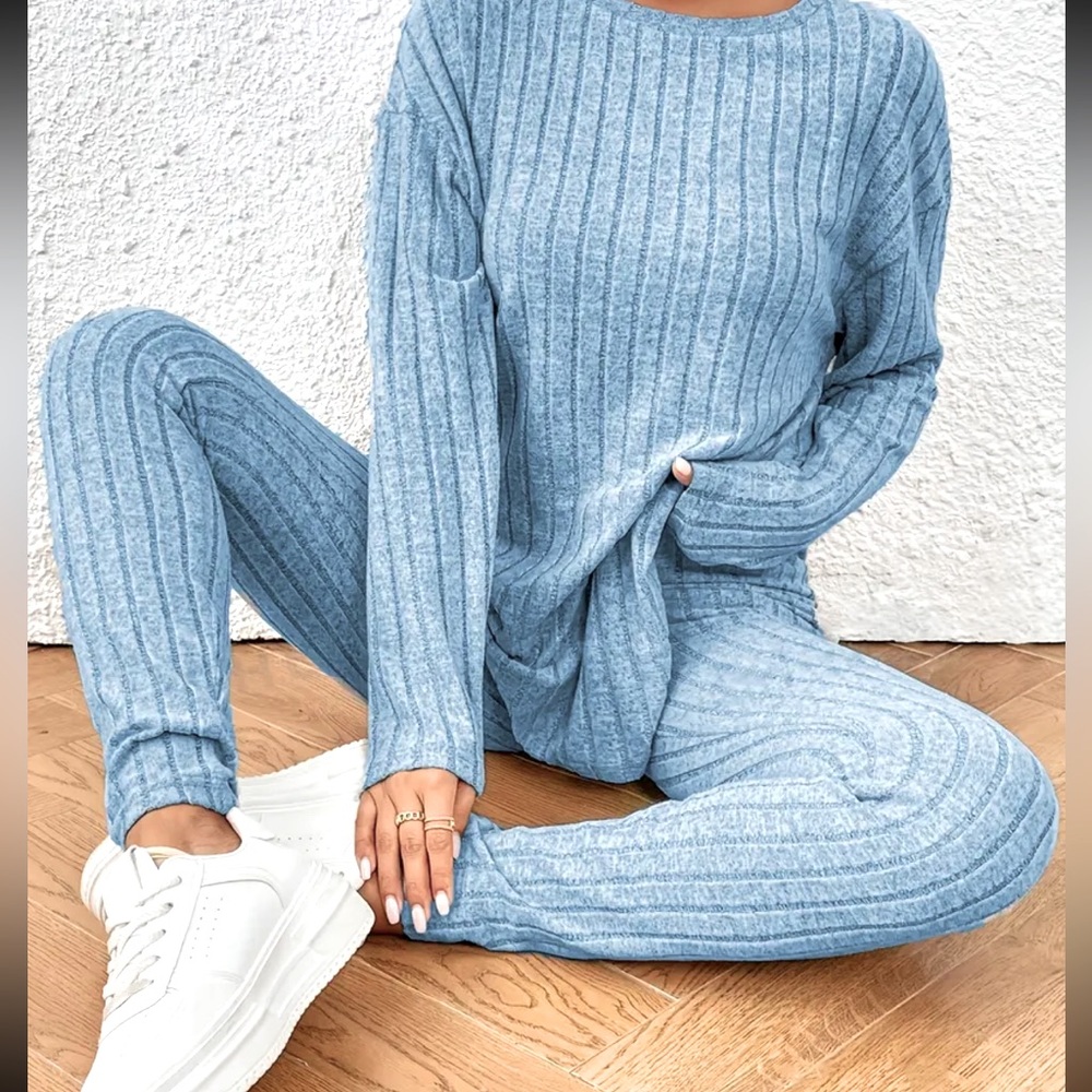 2 pcs solid color, polyester crew neck long sleeves top and pants outfits